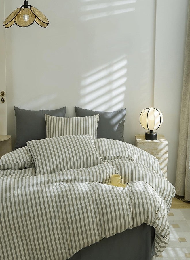 LifeTB Grey Striped Duvet Cover Set Queen, 100% Washed Cotton White Grey Stripes Pattern Printed Comforter Cover, 3 Pieces Farmhouse Striped Bedding Set Breathable Duvet Cover with Zipper Ties - Image 3