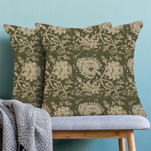 Sorktse Green Pillow Covers 18x18 Inch Set of 2 Vintage Olive Green Floral Throw Pillows Neutral Modern Boho Block Print Floral Pillowcases Outdoor Accent Decorative Linen Cushion Covers for Couch Sofa - Image 3