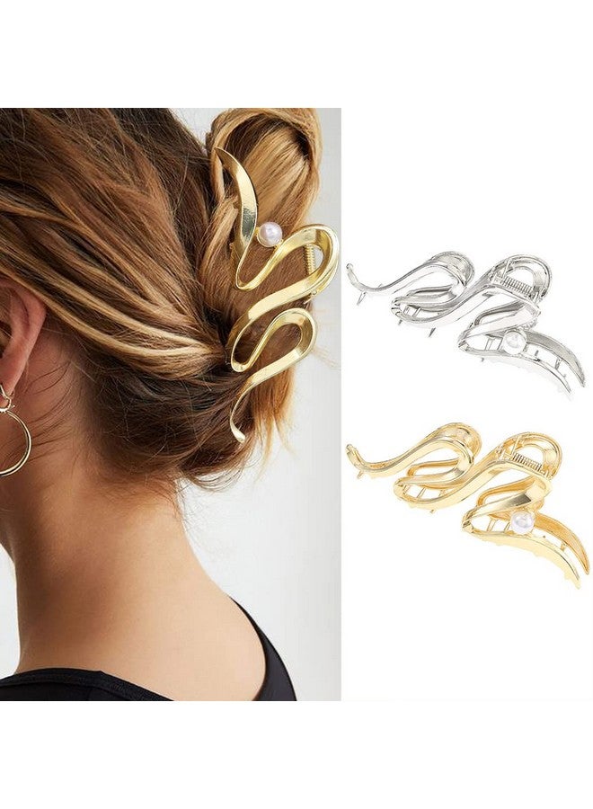 Brinie Claw Hair Clips Gold Metal Hair Clamps Pearl Hair Claw Clips Stylish Hair Clips Nonslip Hair Claw Barrettes Hair Accessories For Women And Girls (Pack Of 2) - Image 1