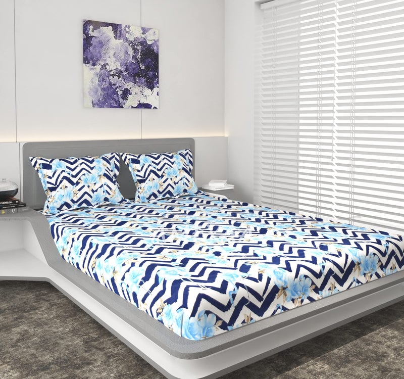 AMEYAA Cotton Feel Glace Cotton Elastic Fitted Printed King Size Double Bed Bedsheet With 2 Pillow Cover 350 TCm Fits Upto 8 Inches Mattress,Size- 72X78X10 Inches Sky Floral - Image 1