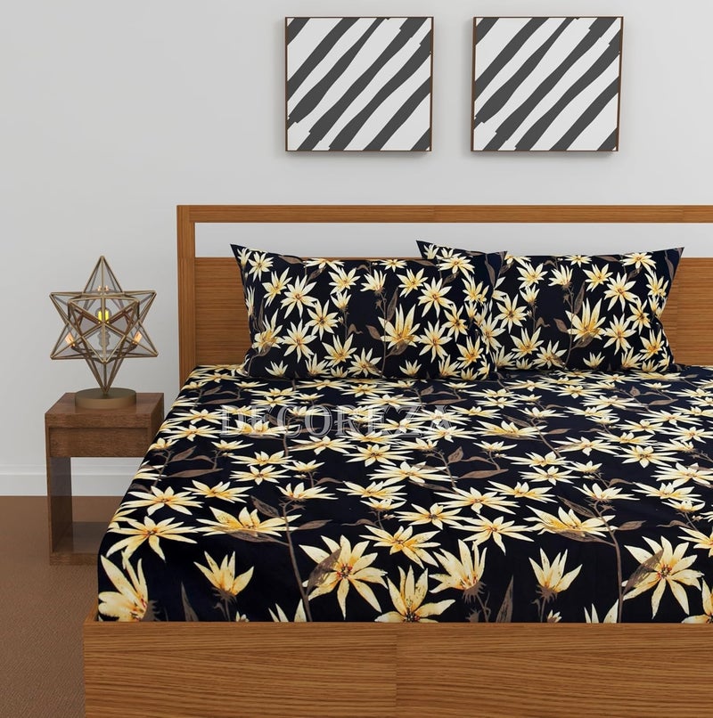 DECOREZA 350 TC Queen Size Elastic Fitted Bedsheet with Deep Pocket Cotton Feel Bed Sheet for Double Bed, Soft, Breathable & Wrinkle-Resistant, Includes 2 Pillow Covers, Size - 60"x78" Space Leaves - Image 2