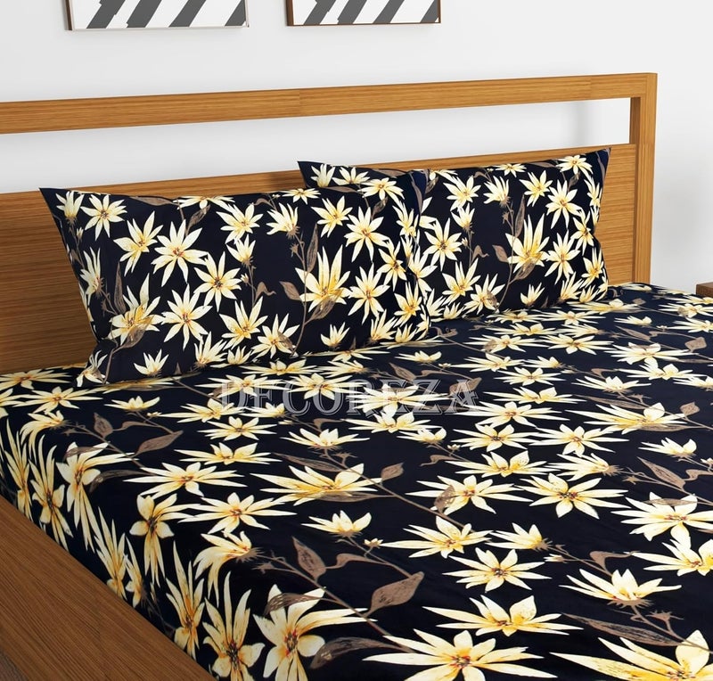 DECOREZA 350 TC Queen Size Elastic Fitted Bedsheet with Deep Pocket Cotton Feel Bed Sheet for Double Bed, Soft, Breathable & Wrinkle-Resistant, Includes 2 Pillow Covers, Size - 60"x78" Space Leaves - Image 3