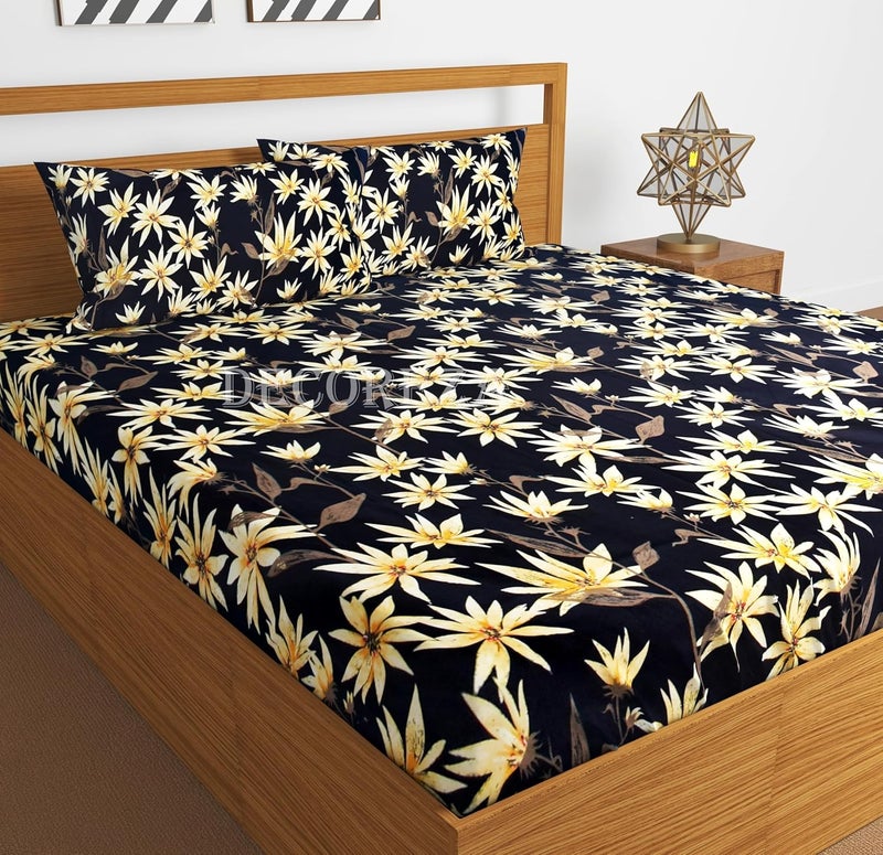 DECOREZA 350 TC Queen Size Elastic Fitted Bedsheet with Deep Pocket Cotton Feel Bed Sheet for Double Bed, Soft, Breathable & Wrinkle-Resistant, Includes 2 Pillow Covers, Size - 60"x78" Space Leaves - Image 1