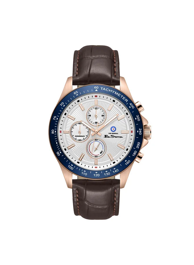 بين شيرمان Winchester Silver Dial Brown Genuine Leather Strap Chronograph Watch for Men, 43.2mm
