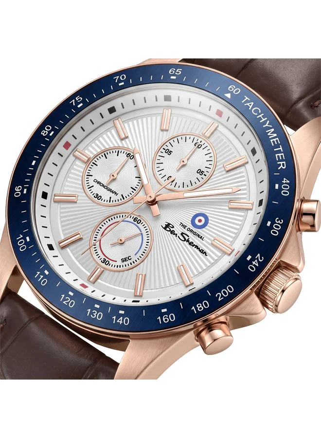 بين شيرمان Winchester Silver Dial Brown Genuine Leather Strap Chronograph Watch for Men, 43.2mm
