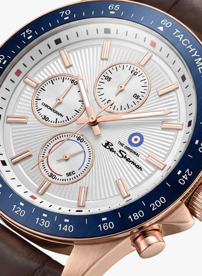 Ben Sherman Winchester Silver Dial Brown Genuine Leather Strap Chronograph Watch for Men, 43.2mm