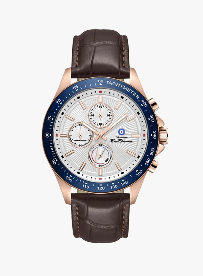 Ben Sherman Winchester Silver Dial Brown Genuine Leather Strap Chronograph Watch for Men, 43.2mm