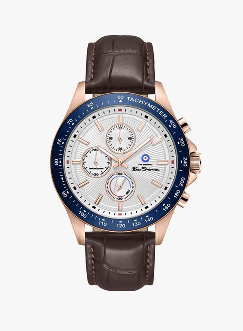 Ben Sherman Winchester Silver Dial Brown Genuine Leather Strap Chronograph Watch for Men, 43.2mm - Image 1