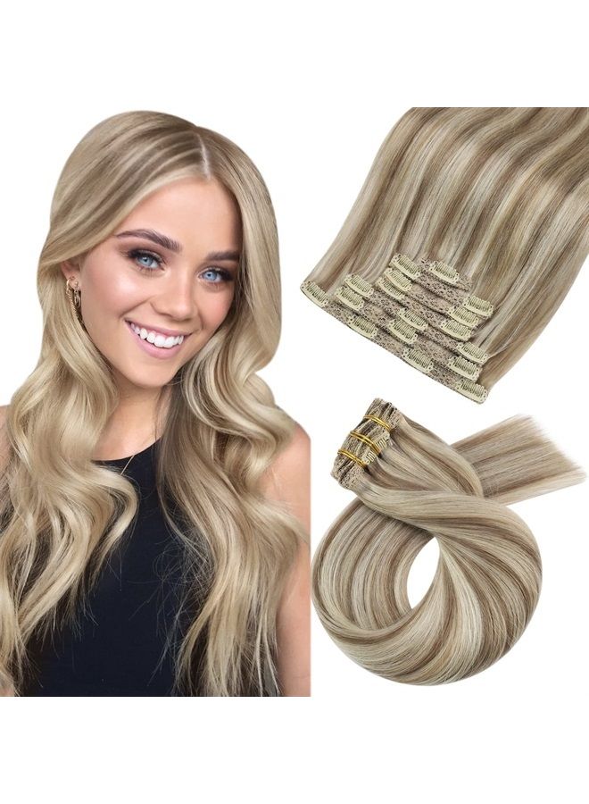 Moresoo Clip in Hair Extensions Real Human Hair Blonde Highlight Hair Extensions Clip in Human Harir Light Brown with Blonde Human Hair Clip in Extensions Full Head 7Pieces 120Grams 24inch - Image 1
