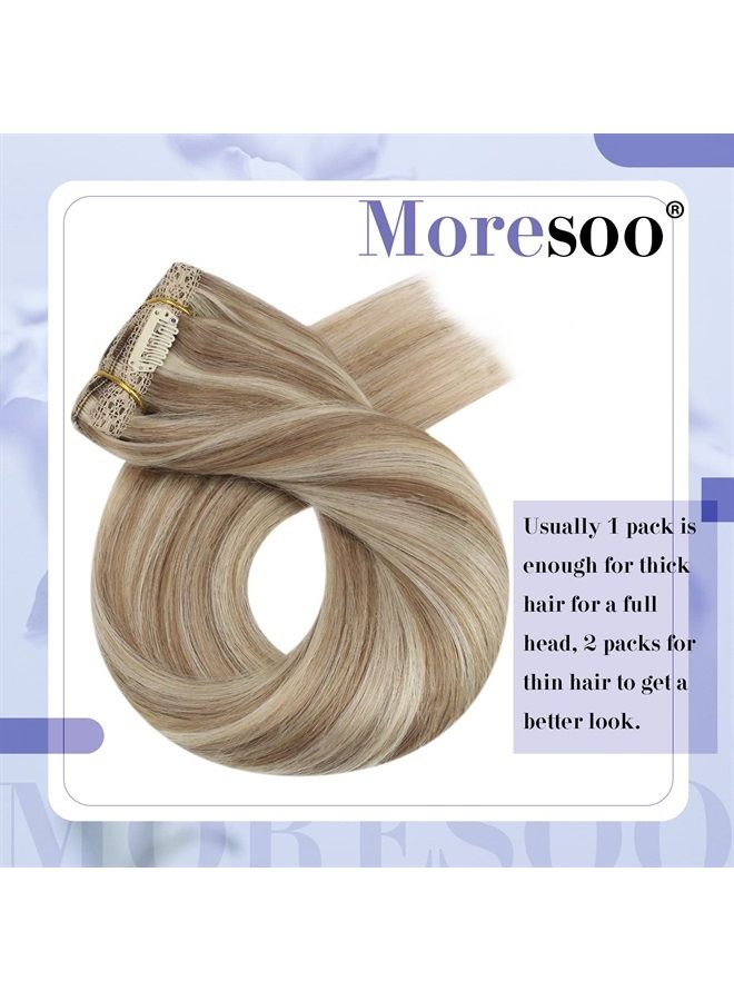 Moresoo Clip in Hair Extensions Real Human Hair Blonde Highlight Hair Extensions Clip in Human Harir Light Brown with Blonde Human Hair Clip in Extensions Full Head 7Pieces 120Grams 24inch - Image 4