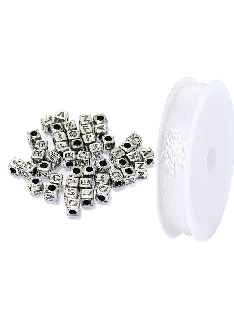 Beadsnfashion - Beadsnfashion 500 Pcs Acrylic Round A to Z Alphabet Letter Beads Silver 6mm 10 Mtrs Crystal String Elastic Cord for Jewellery Making, DIY Bracelets, Necklace, Key Chains and Kids Jewellery - Image 1