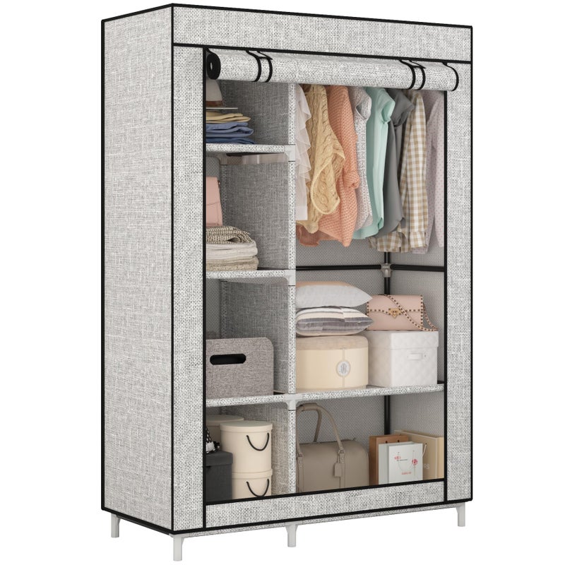 Calmootey Portable Closet Organizers, Clothing Storage, Wardrobe with 6 Shelves and Hanging Rod, Non-Woven Fabric Cover with 4 Side Pockets, Ash Grey - Image 1