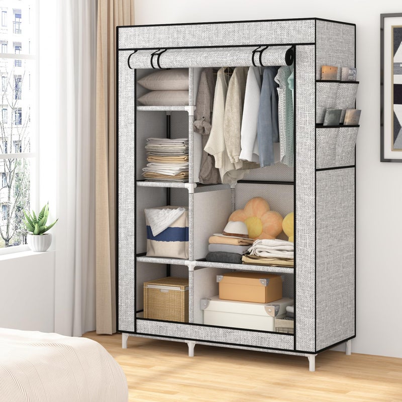 Calmootey Portable Closet Organizers, Clothing Storage, Wardrobe with 6 Shelves and Hanging Rod, Non-Woven Fabric Cover with 4 Side Pockets, Ash Grey - Image 5
