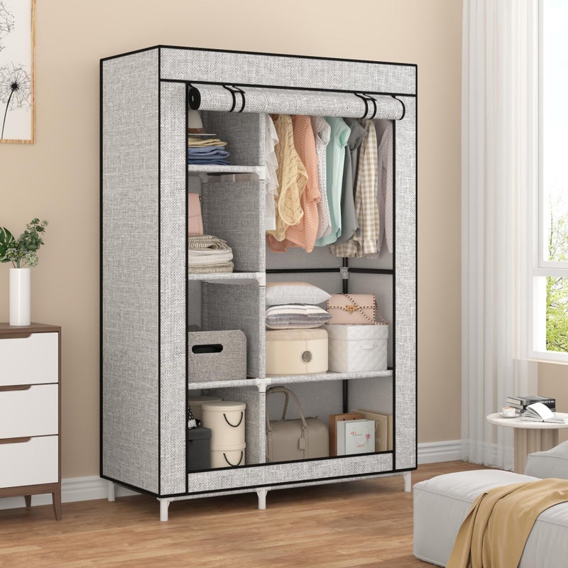 Calmootey Portable Closet Organizers, Clothing Storage, Wardrobe with 6 Shelves and Hanging Rod, Non-Woven Fabric Cover with 4 Side Pockets, Ash Grey - Image 4