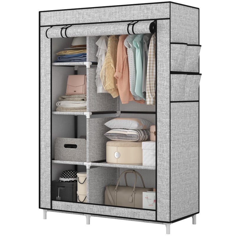 Calmootey Portable Closet Organizers, Clothing Storage, Wardrobe with 6 Shelves and Hanging Rod, Non-Woven Fabric Cover with 4 Side Pockets, Ash Grey - Image 2