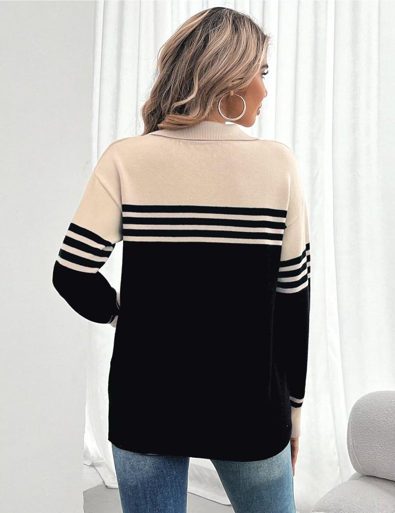 CiCiBird Women 2024 Trendy V Neck Sweater Color Block Polo Long Sleeve Shirt Fall Striped Pullover Sweaters Apricot Black M - Image 2