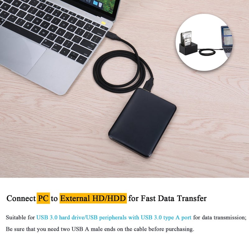 كابل USB إلى USB، مجموعة المكونة من قطعتين بطول 3 أقدام/1 متر، كابل USB 3.0 من النوع A ذكر إلى ذكر مضفر - كابل USB قصير من ذكر إلى ذكر لنقل البيانات، وأغلفة القرص الصلب، ومشغل DVD، ومبرد الكمبيوتر المحمول وغيرها - Image 3