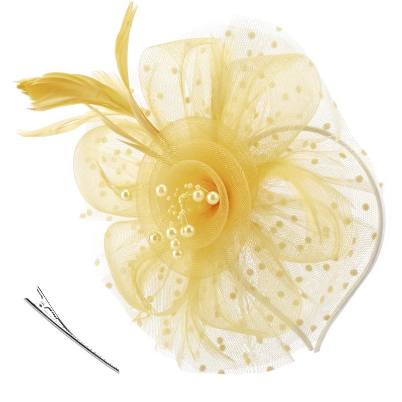 DRESHOW Fascinators Hat Flower Mesh Ribbons Feathers on a Headband and a Clip Tea Party Headwear for Girls and Women - Image 1
