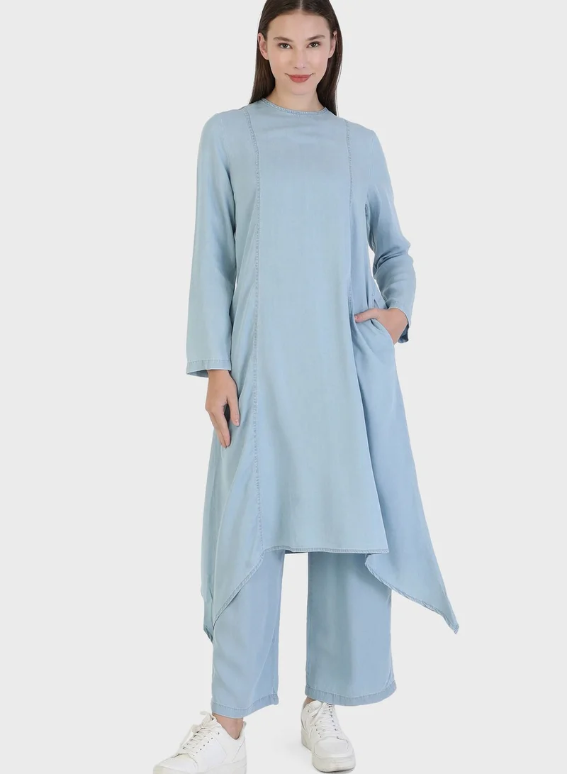 Modanisa Pocket Detail Denim Tunic & Pants Set