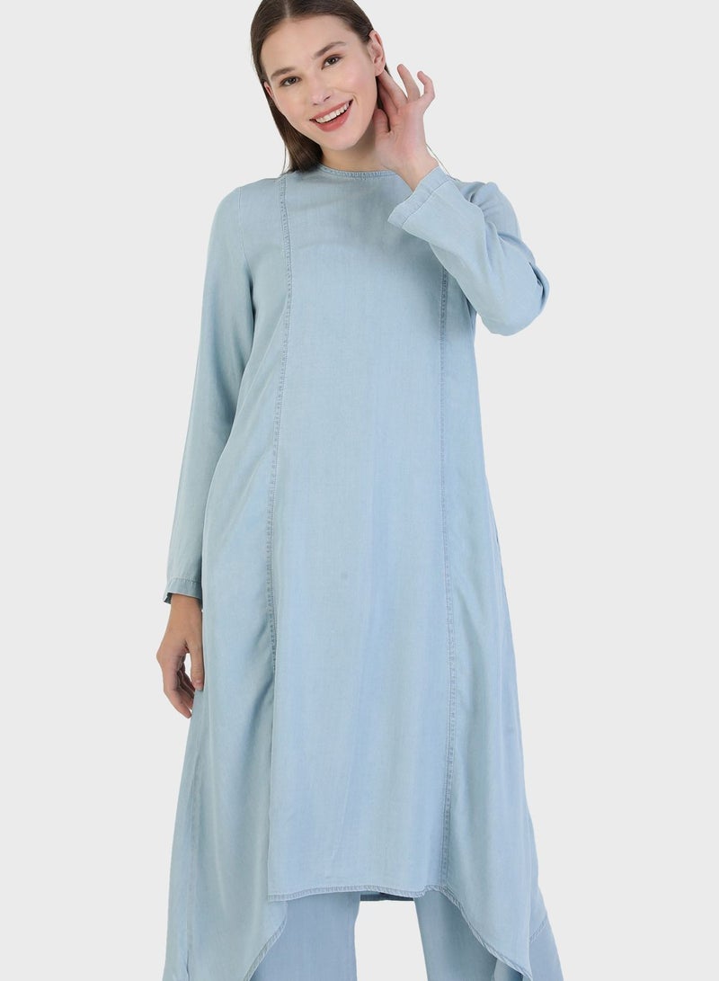 Modanisa Pocket Detail Denim Tunic & Pants Set - Image 3
