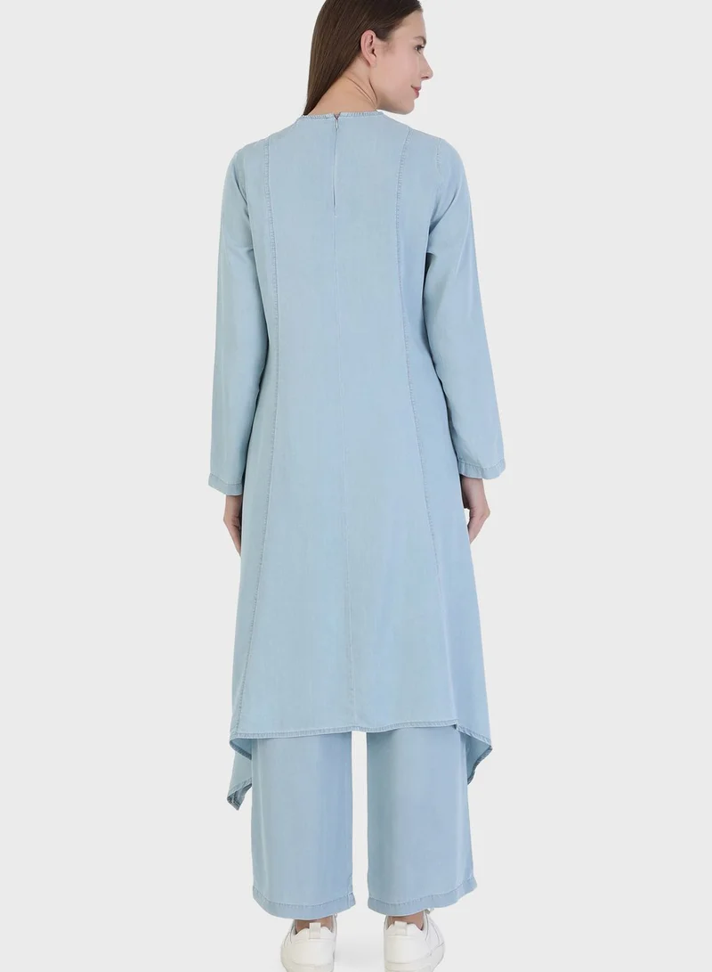 Modanisa Pocket Detail Denim Tunic & Pants Set