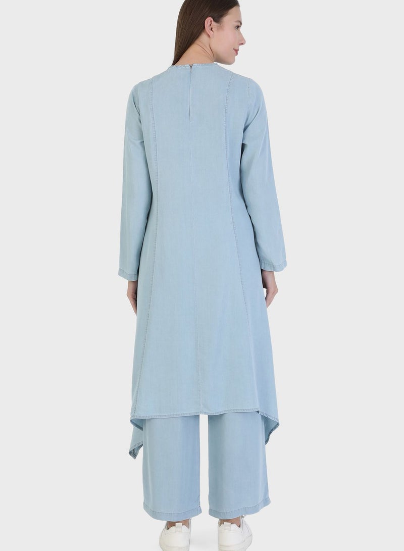 Modanisa Pocket Detail Denim Tunic & Pants Set - Image 2