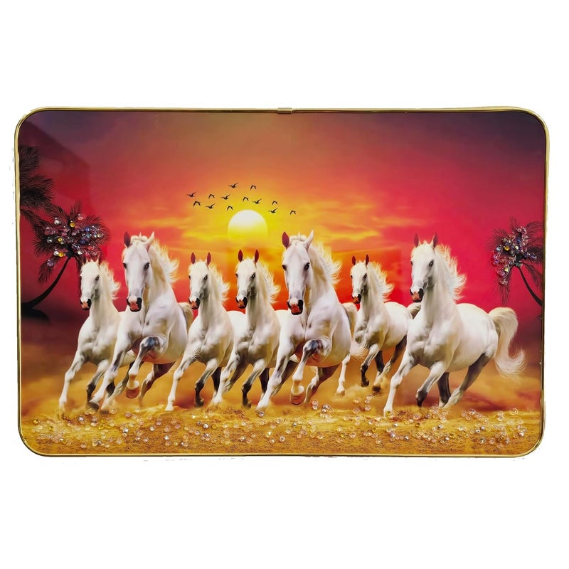 Masstone 7 Horse Sunrise Wall Painting Crystal Embedded High Gloss Embossed with Gold Slim Frame 45x30 cm Wall Art for Living Room Bedroom and Office Dcor