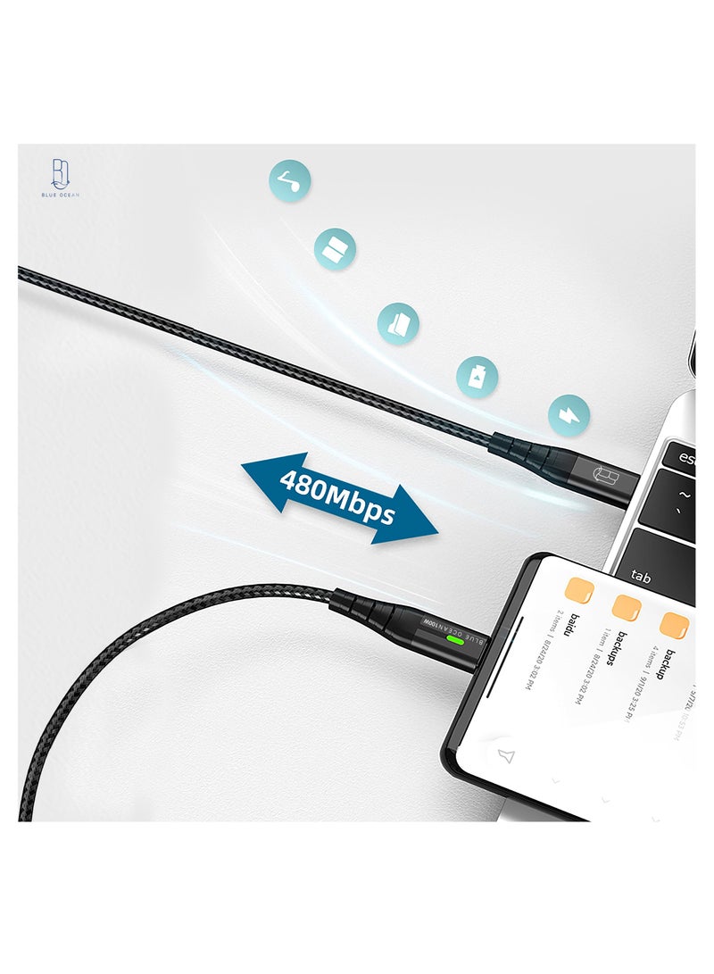 بلو أوشن كابل USB C من BLUE OCEAN 60-100W PD 5A QC سريع الشحن مع شاشة LED كابل بيانات 480 ميجابت في الثانية ، سلك بيانات من النوع C مضفر من النايلون متوافق مع iPad و MacBook Pro Air Samsung S22 و Android ,2 مت - Image 3