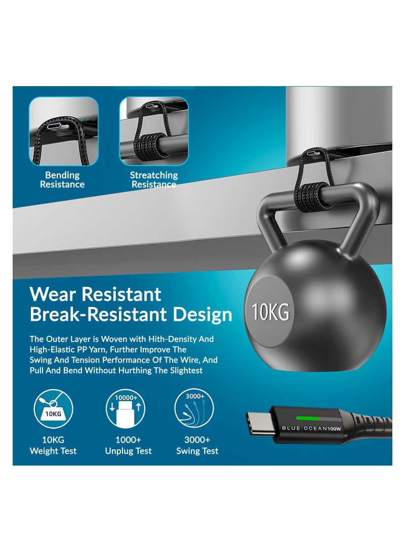 بلو أوشن كابل USB C من BLUE OCEAN 60-100W PD 5A QC سريع الشحن مع شاشة LED كابل بيانات 480 ميجابت في الثانية ، سلك بيانات من النوع C مضفر من النايلون متوافق مع iPad و MacBook Pro Air Samsung S22 و Android ,2 مت - Image 4