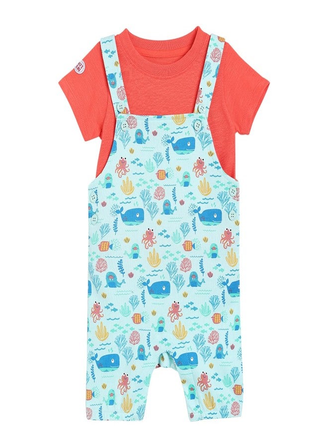 miniklub Baby Half Sleeve Neck Strap Knitted Cotton Multi Color Dungaree Set, Pack of 2 (9-12M) - Image 1