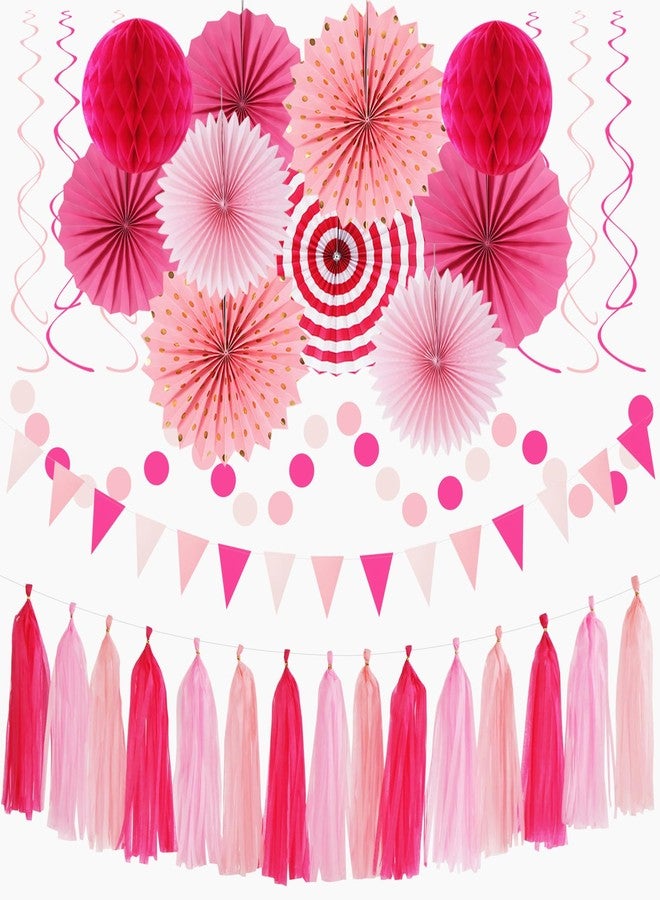 Hugtmr Hot-Pink Rose Red Party-Decorations - 33pcs Banner,Streamers Tassel Garland,Tissue Pom Poms Honeycomb,Paper Lanterns Fan,Birthday Wedding Bridal Baby Shower Bachelorette Engagement Decor Hugtmr - Image 1