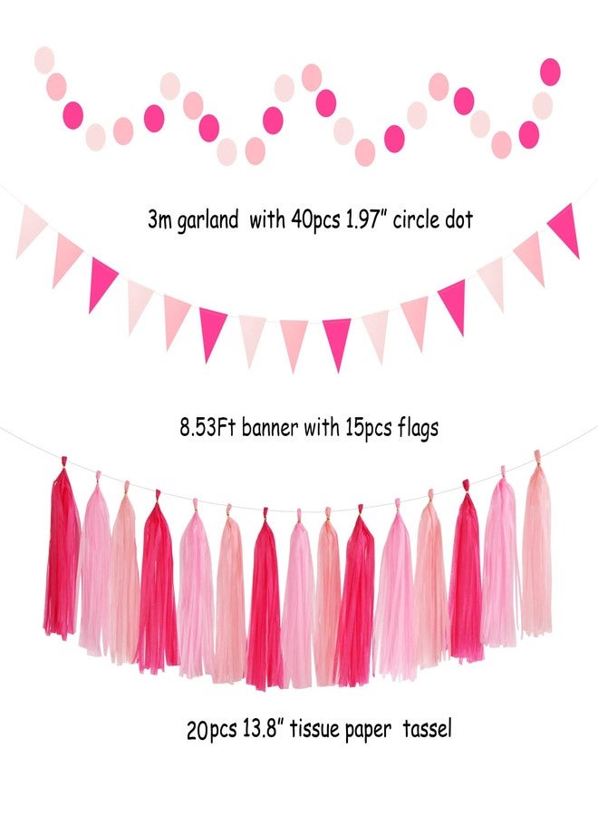 Hugtmr Hot-Pink Rose Red Party-Decorations - 33pcs Banner,Streamers Tassel Garland,Tissue Pom Poms Honeycomb,Paper Lanterns Fan,Birthday Wedding Bridal Baby Shower Bachelorette Engagement Decor Hugtmr - Image 3