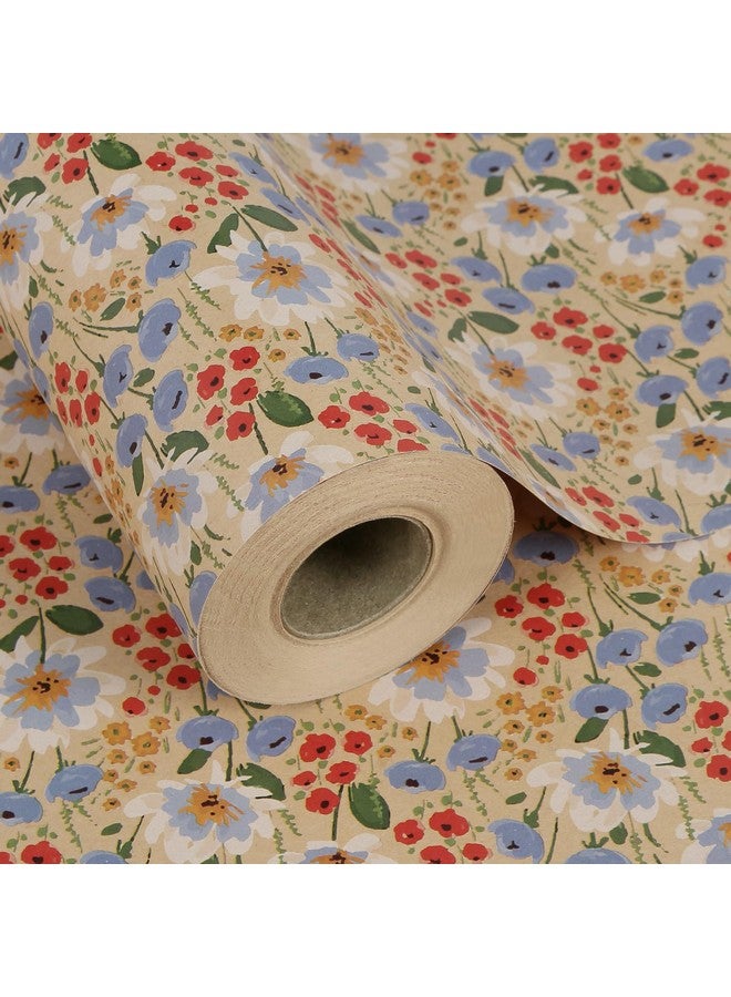 Aimyoo Watercolor Floral Kraft Wrapping Paper Roll All Occasion Vintage Flower Gift Wrap For Wedding Birthday Bridal Shower 17 Inch X 10 Ft - Image 1