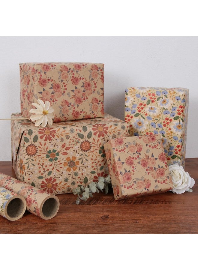 Aimyoo Watercolor Floral Kraft Wrapping Paper Roll All Occasion Vintage Flower Gift Wrap For Wedding Birthday Bridal Shower 17 Inch X 10 Ft - Image 4