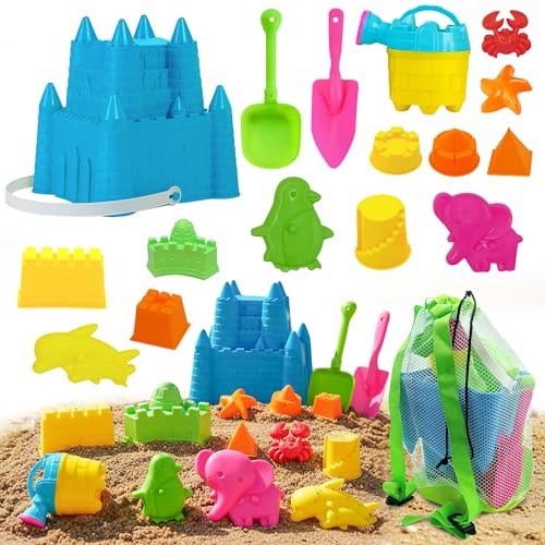 4E's Novelty 4Es Novelty Beach Toys for Kids with Bag 17 Pcs Set Castle Beach Bucket with Shovels Molds Kit Sand Toys Set for Toddlers with Mesh Beach Bag Backpack Easter Basket Stuffer - Image 1