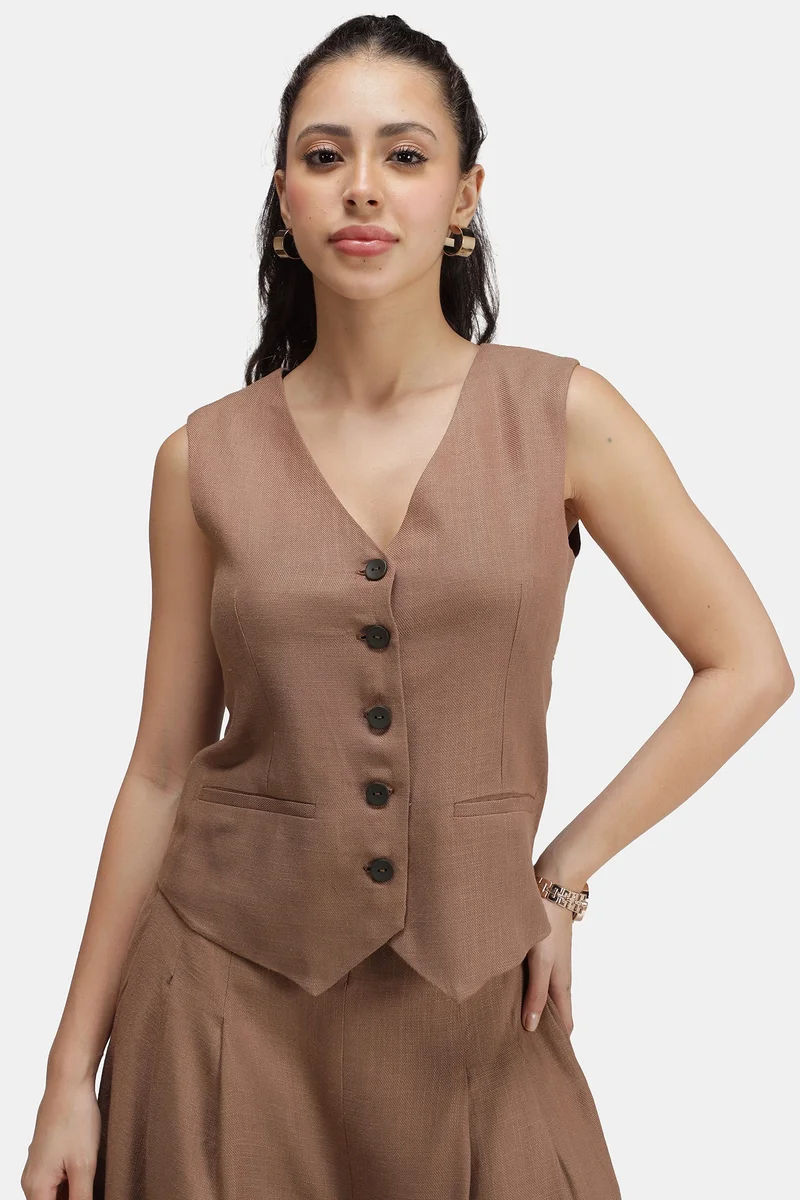 فيرجيو Solid Linen Asymmetric V-Neck Vest for Women