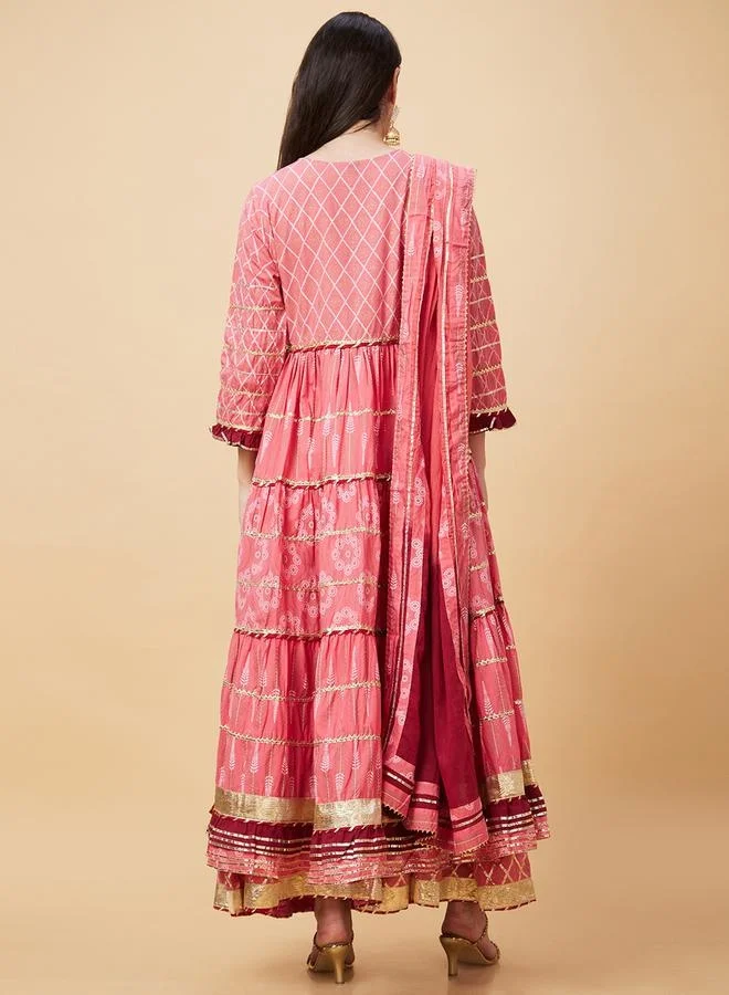 globus Women Pink Ethnic Motifs Print 3-Piece Festive Anarkali Kurta Set with Sharara and Dupatta by Styli