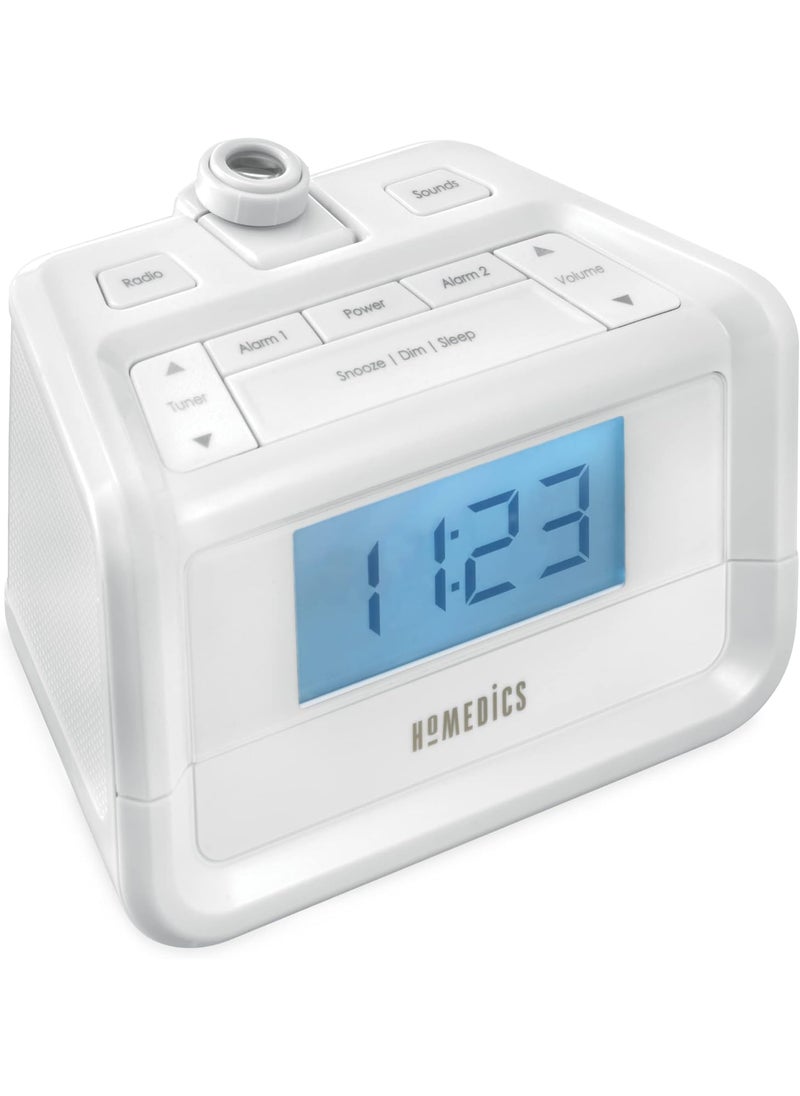 HoMedics Homedics Dual Alarm Digital FM Clock Radio Time Projection 8 Relaxing Nature Sounds LED Display MultiAlarm Snooze Sleep Timer Nightlight Ceiling Clock SoundSpa White  - Image 1