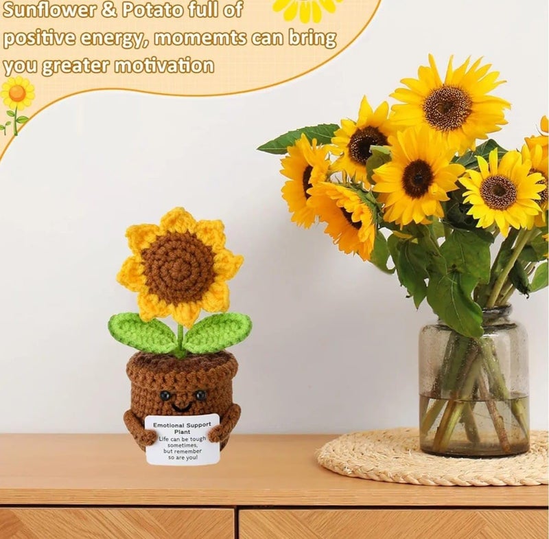 VRB DecTM 1 Pcs Crochet Flowers Artificial Sunflower for Office Desk Car Dashboard Decor,Home Decoration, Office, Bedroom (Emotional Support Sunflower Artificial Plants with Crochet Pot - 1 Pcs) - Image 5