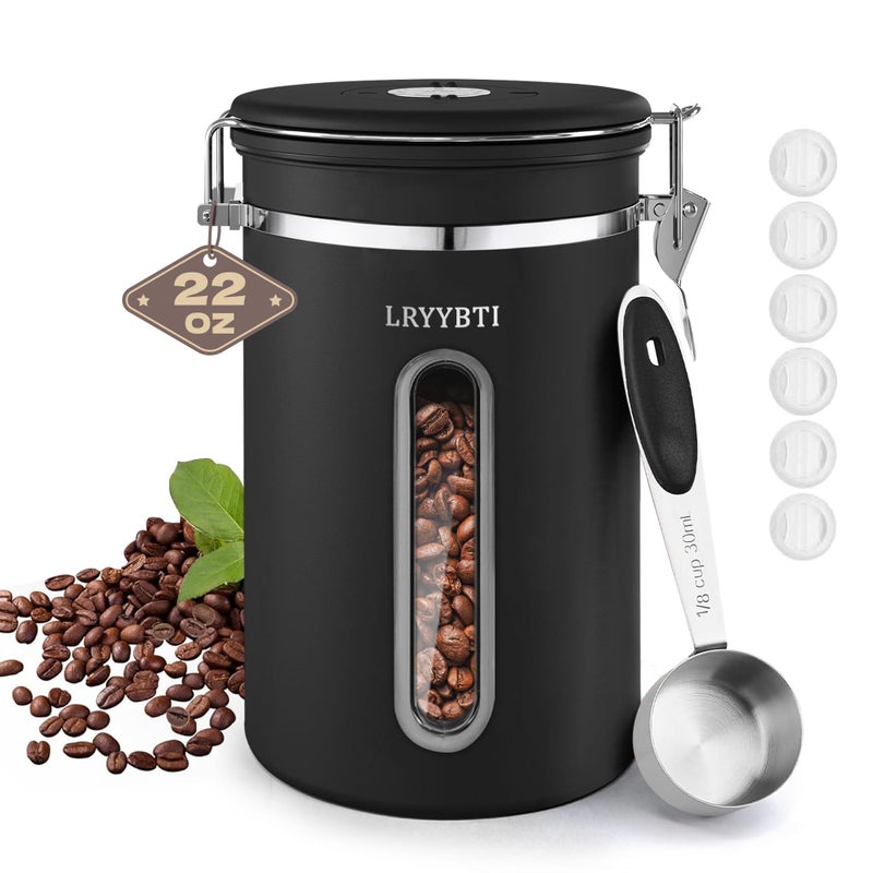 LRYYBTI Coffee Canisters with Window,Scoop and Airtight Lid Stainless Steel Kitchen Bean Storage Grounds Containerï¼ˆ22OZ/Black)Date Tracker and Scoop for Grounds Coffee Bar Accessories Beans, Cereal, Sugar - Image 1