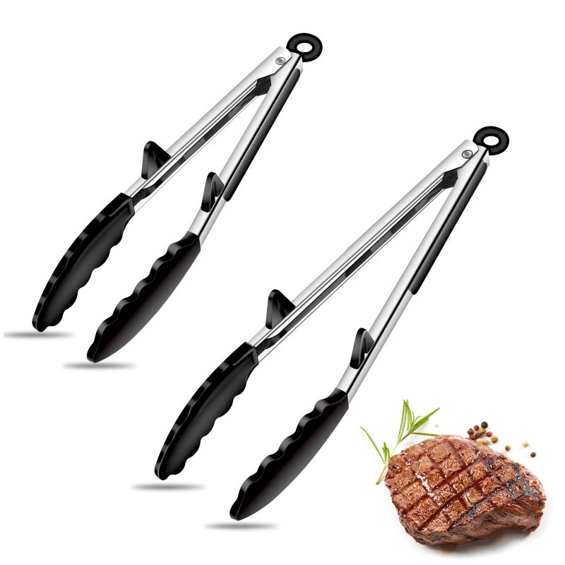 kitjans Silicone Tongs for Air Fryer 2 Pack Black Color Premium Silicone BPA Free NonStick Stainless Steel Locking Food Tongs 9Inch and 12Inch