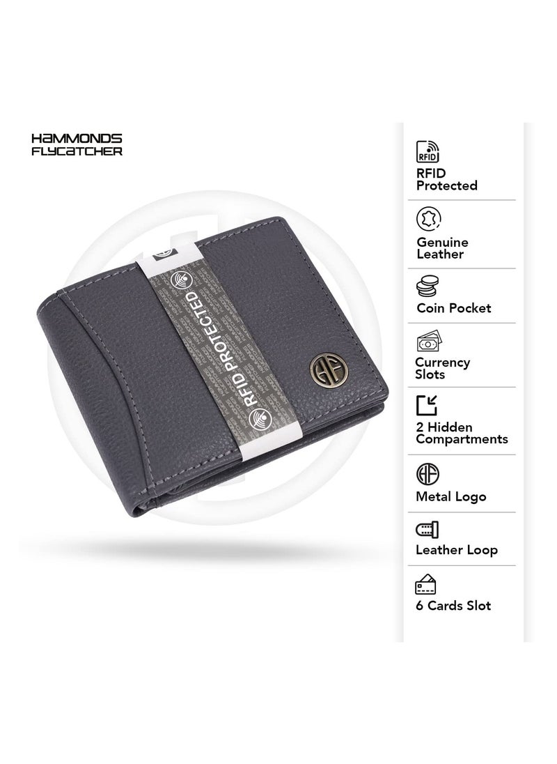 HAMMONDS FLYCATCHER - HAMMONDS FLYCATCHER Genuine Leather Wallet for Men, RFID Protected Leather Purse for Men, Money Purse for Men, Bi-Fold Wallet, 6 Card Slots, 3 ID Slots, Coin Pocket, Hidden Pockets - Grey - Image 1