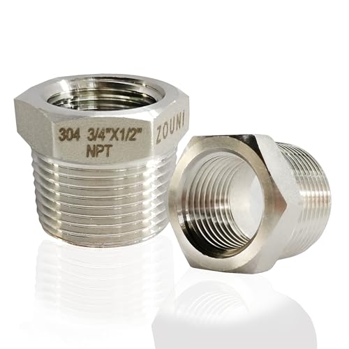 ZOUNI 2 Pcs Reducer Hex Bushing, 304 Stainless Steel 3/4" Male NPT to 1/2" Female NPT（ 3/4"MNPT - 1/2"FNPT） Pipe Fitting Hex Bushing, Heavy Duty Pipe Fitting Reducer Adapter - Image 1