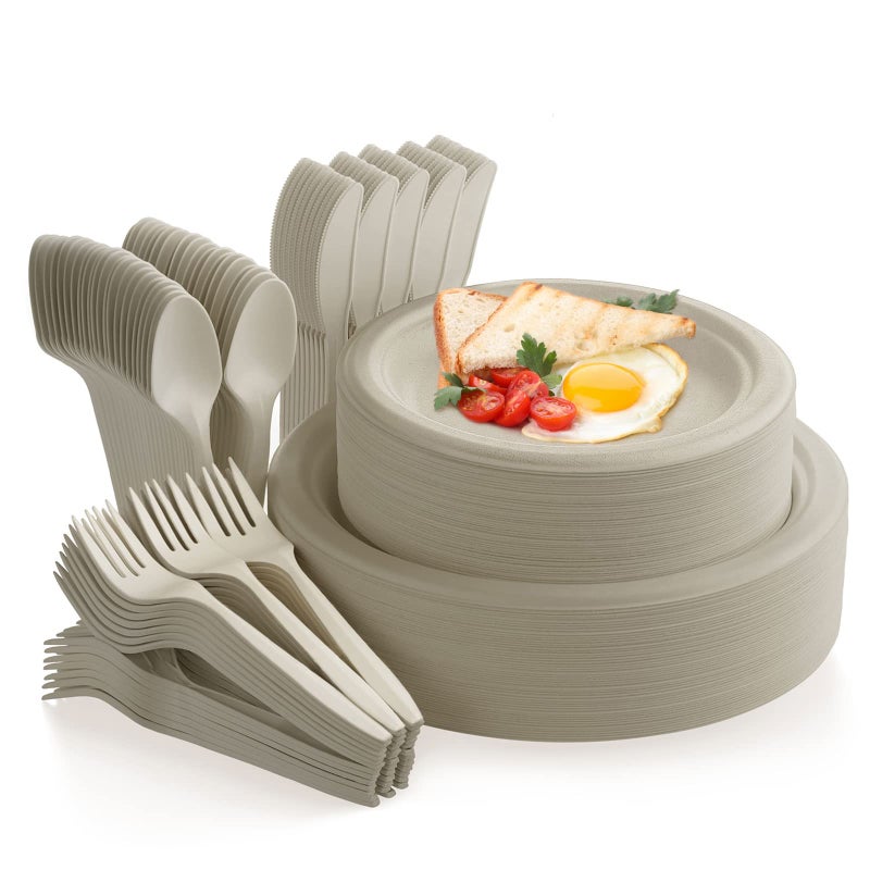 Fuyit 250Pcs Disposable Paper Plates Set with Cutlery Compostable Biodegradable EcoFriendly Dinnerware  Utensil Include Plate Larger Fork Knife  Spoon for Party Camping Picnic BBQ Natural