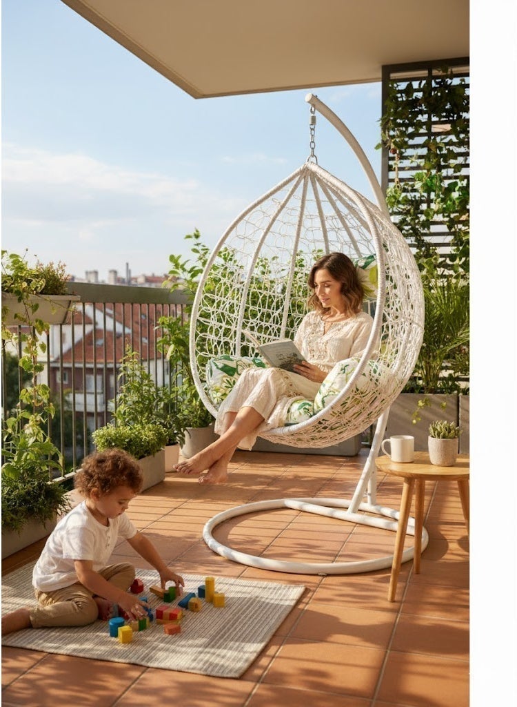 نَدْ مَفْرُوشَات كرسي أرجوحة بيضاوي معلق مع حامل - تصميم من الخيزران، وسادة ناعمة وإطار فولاذي قوي للاسترخاء في الأماكن المغلقة والمفتوحة - Image 2