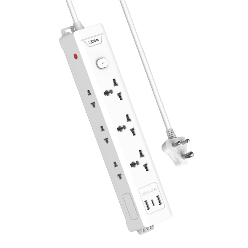 EMBOX لوحة تمديد EMBOX 10A مع منفذ USB 3 مقابس عالمية و 2 USB 1 Type C 24 A منافذ شحن مع مؤشر 2500W كابل ثقيل 250 فولت مفتاح رئيسي - Image 1