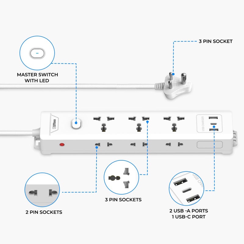 EMBOX لوحة تمديد EMBOX 10A مع منفذ USB 3 مقابس عالمية و 2 USB 1 Type C 24 A منافذ شحن مع مؤشر 2500W كابل ثقيل 250 فولت مفتاح رئيسي - Image 3