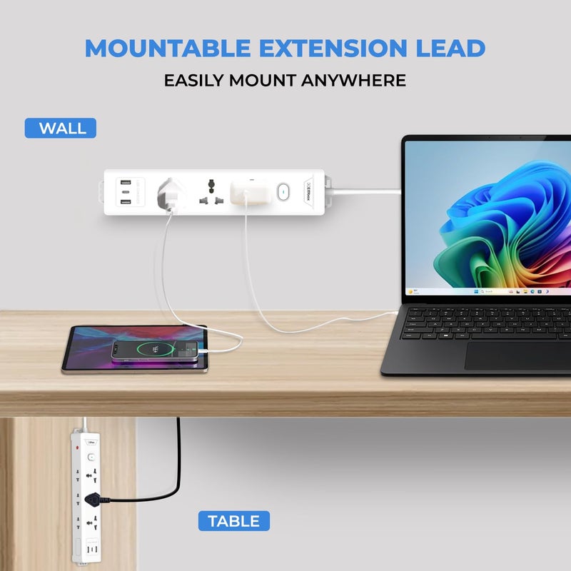 EMBOX لوحة تمديد EMBOX 10A مع منفذ USB 3 مقابس عالمية و 2 USB 1 Type C 24 A منافذ شحن مع مؤشر 2500W كابل ثقيل 250 فولت مفتاح رئيسي - Image 4