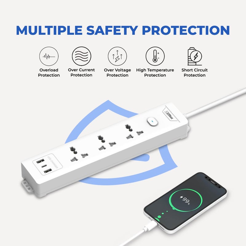 EMBOX لوحة تمديد EMBOX 10A مع منفذ USB 3 مقابس عالمية و 2 USB 1 Type C 24 A منافذ شحن مع مؤشر 2500W كابل ثقيل 250 فولت مفتاح رئيسي - Image 2