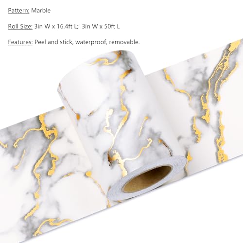 LACHEERY Gold White Marble Wallpaper Border Peel and Stick Bathroom Mirror Frame Border Tape for Mirror Borders Peel and Stick Gold Bulletin Board Borders Trim Sticker Thick Wall Decor Roll 3"x197" - Image 3